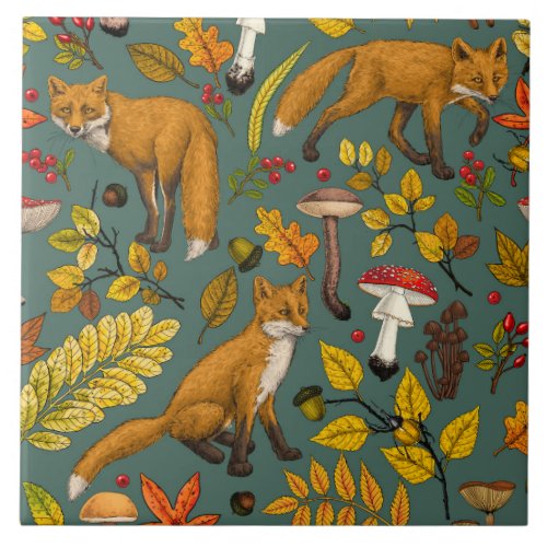 Autumn foxes on pine green ceramic tile