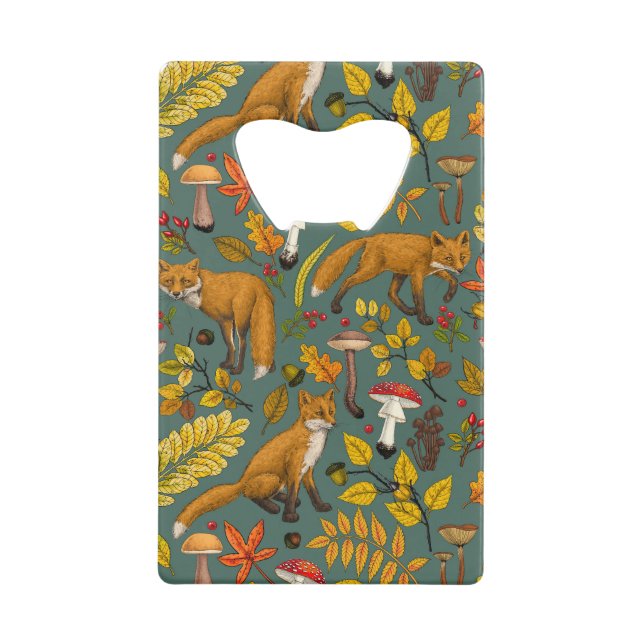 Autumn foxes on pine green credit card bottle opener (Front)