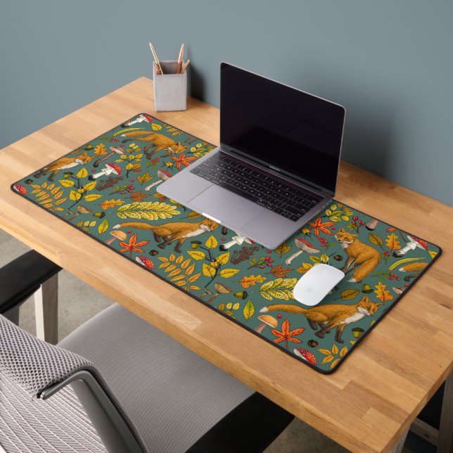 Autumn foxes on pine green desk mat (Office 2)