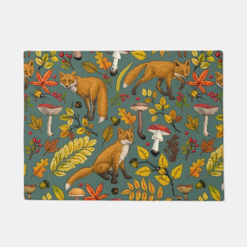 Autumn foxes on pine green doormat