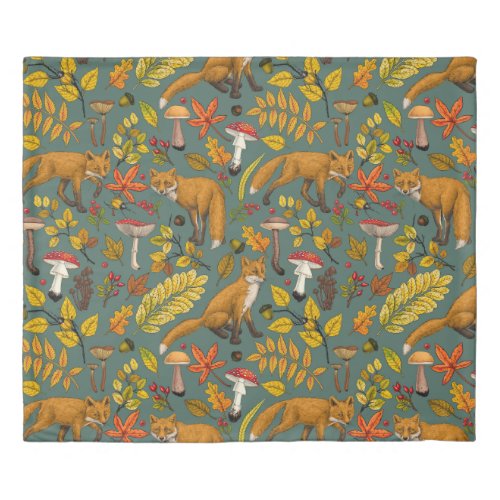 Autumn foxes on pine green duvet cover