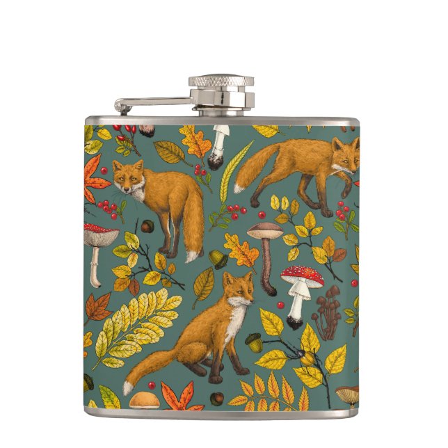 Autumn foxes on pine green flask (Front)