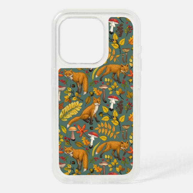Autumn foxes on pine green iPhone 15 pro case (Back)