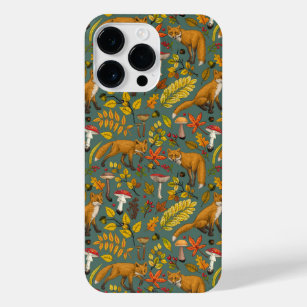 Autumn foxes on pine green iPhone 14 pro max case