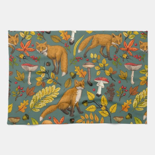 Autumn foxes on pine green kitchen towel