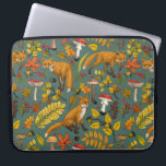 Autumn foxes on pine green laptop sleeve<br><div class="desc">Hand-painted autumn woodland fauna and flora- foxes,  forest leaves,  mushrooms and berries</div>