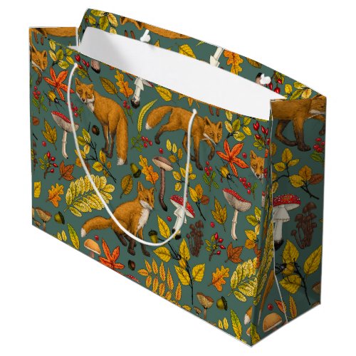 Autumn foxes on pine green large gift bag
