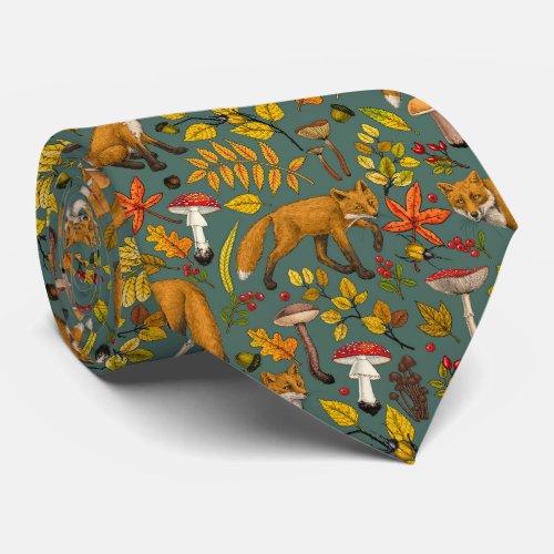 Autumn foxes on pine green neck tie