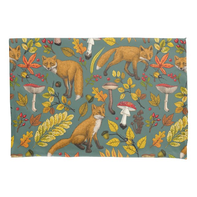 Autumn foxes on pine green pillow case (Front-Left)
