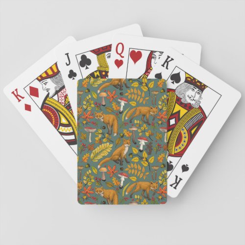 Autumn foxes on pine green poker cards