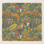 Autumn foxes on pine green scarf<br><div class="desc">Hand-painted autumn woodland fauna and flora- foxes,  forest leaves,  mushrooms and berries</div>