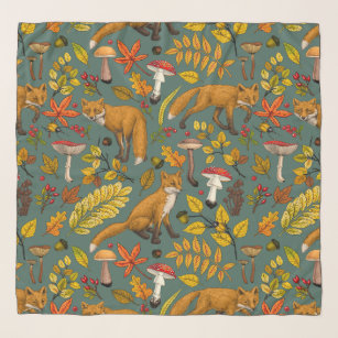 Autumn foxes on pine green scarf