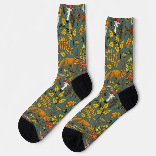 Autumn foxes on pine green socks (Left)