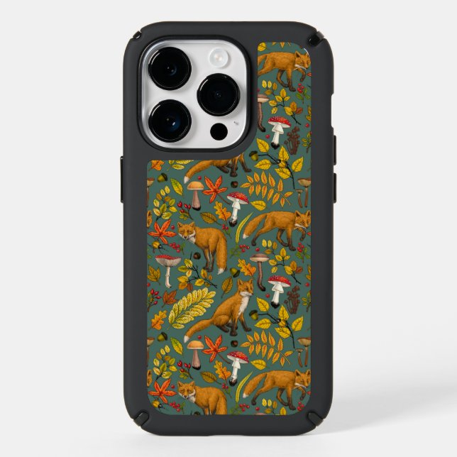 Autumn foxes on pine green speck iPhone case (Front)