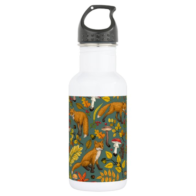 Autumn foxes on pine green stainless steel water bottle (Front)