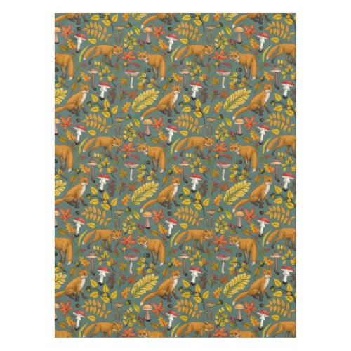 Autumn foxes on pine green tablecloth