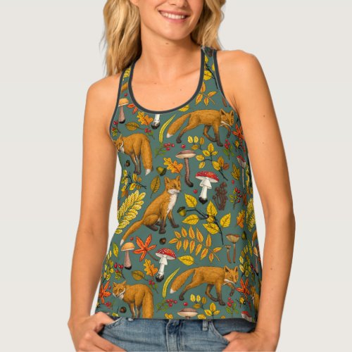 Autumn foxes on pine green tank top