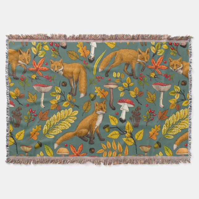 Autumn foxes on pine green throw blanket (Front)
