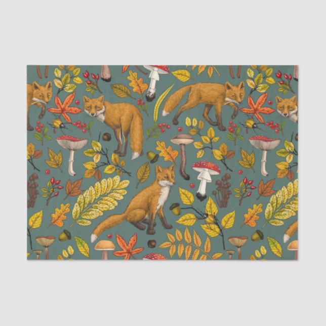 Autumn foxes on pine green tissue paper (Front)