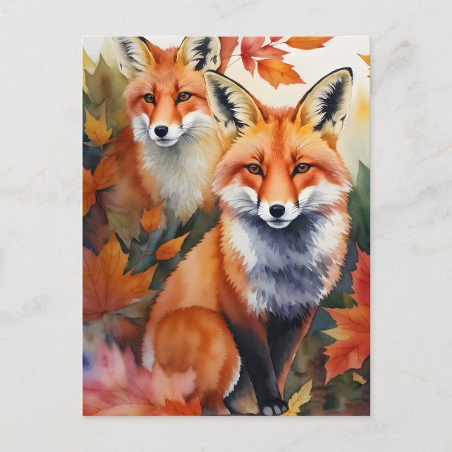 Autumn Foxes Watercolor Postcard (Front)