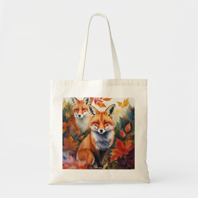 Autumn Foxes Watercolor Tote Bag (Front)
