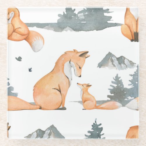 Autumn foxes watercolor wilderness glass coaster