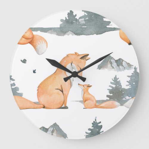 Autumn foxes watercolor wilderness large clock