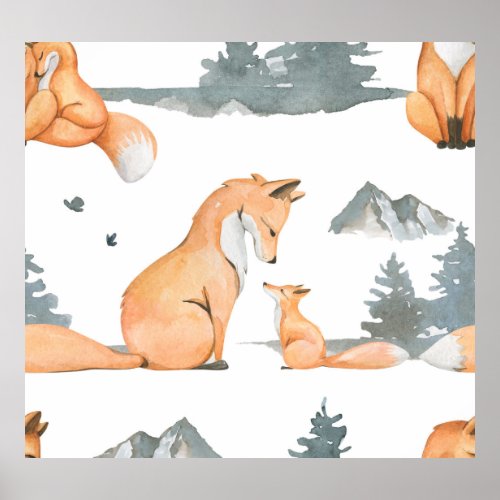 Autumn foxes watercolor wilderness poster