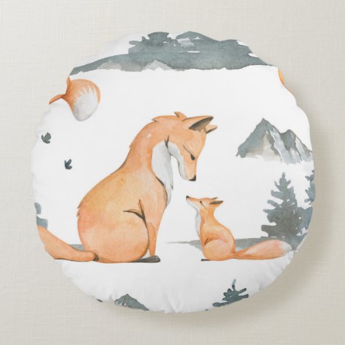 Autumn foxes watercolor wilderness round pillow