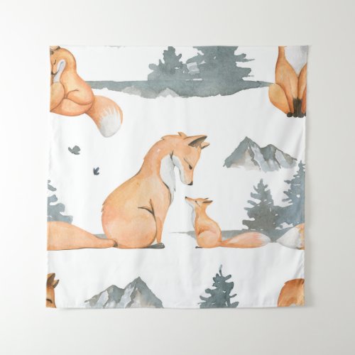 Autumn foxes watercolor wilderness tapestry