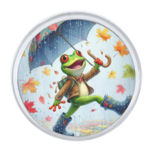 Autumn Funny T-shirt Frog in the rain Silver Finish Lapel Pin