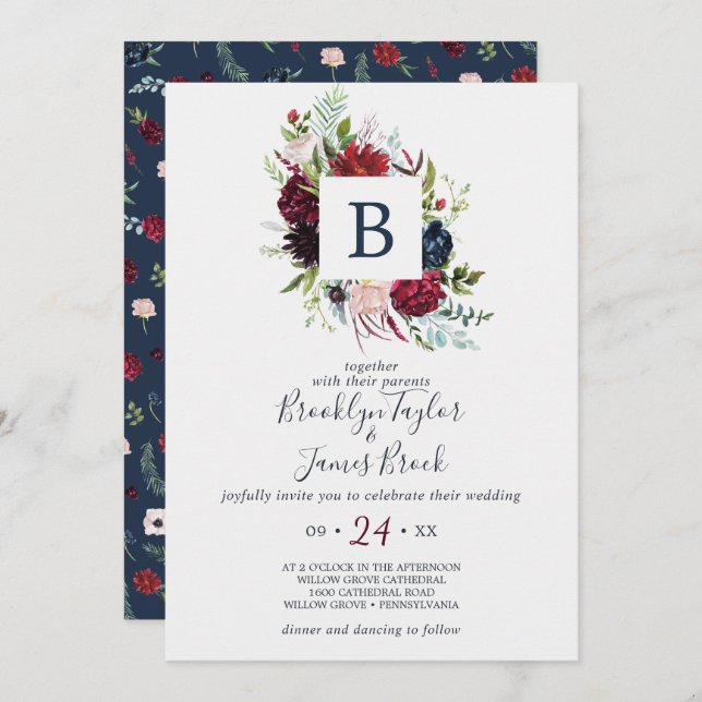 Autumn Garden | Burgundy Monogram Wedding Invitation (Front/Back)