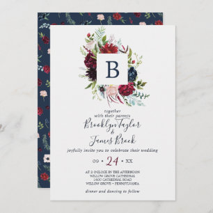 Autumn Garden   Burgundy Monogram Wedding Invitation