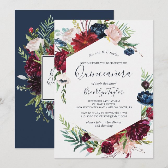 Autumn Garden | Burgundy Quinceañera Invitation (Front/Back)
