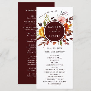 Autumn Garden Burgundy Watercolor Wedding Program