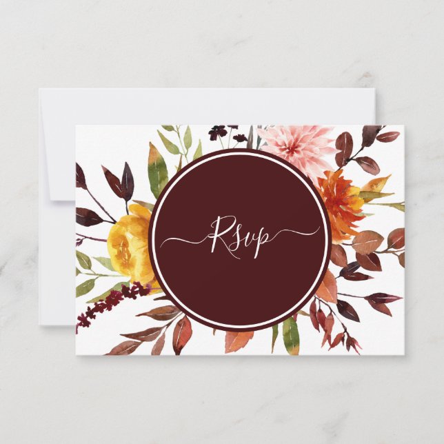 Autumn Garden Burgundy Watercolor Wedding RSVP (Front)