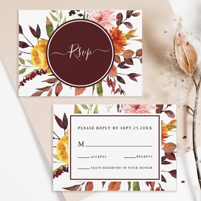 Autumn Garden Burgundy Watercolor Wedding RSVP Card (Front & Back)