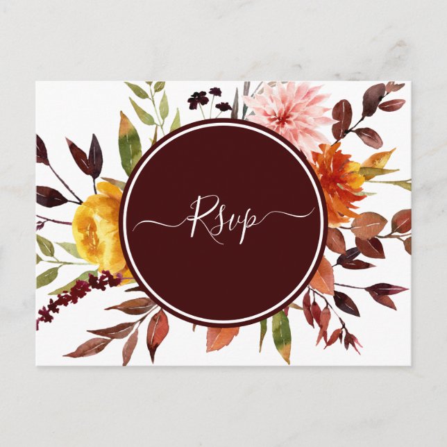 Autumn Garden Burgundy Watercolor Wedding RSVP Postcard (Front)
