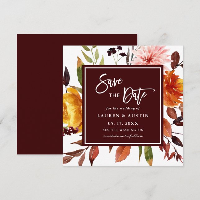 Autumn Garden Burgundy Watercolor Wedding Square Save The Date (Front/Back)