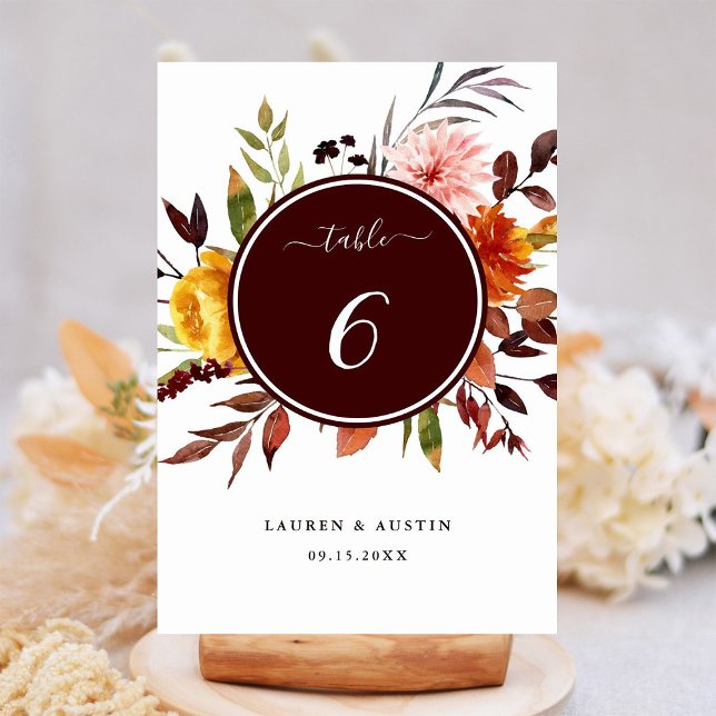 Autumn Garden Burgundy Watercolor Wedding  Table Number (Creator Uploaded)