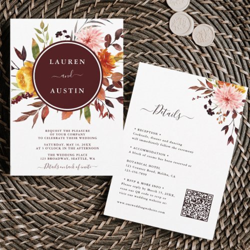 Autumn Garden Burgundy Wedding All in One Invitation