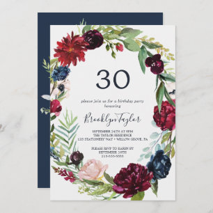 Autumn Garden Burgundy Wreath 30th Birthday Invitation