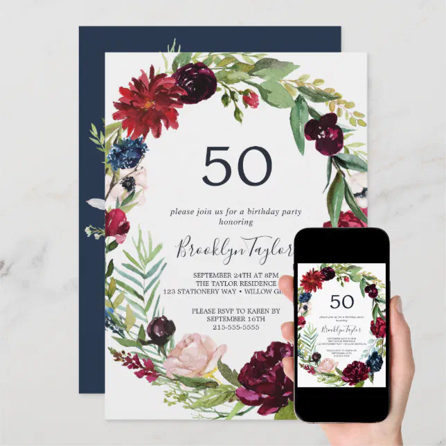 Autumn Garden | Burgundy Wreath 50th Birthday Invitation | Zazzle