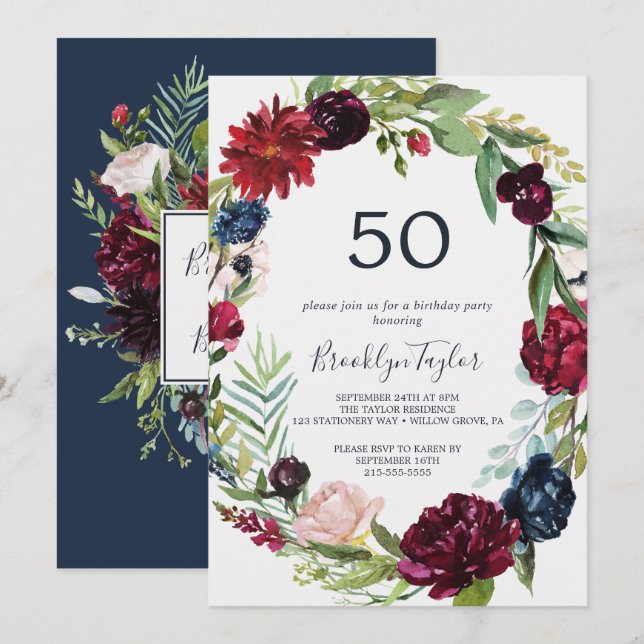 Autumn Garden | Burgundy Wreath 50th Birthday Invitation (Front/Back)