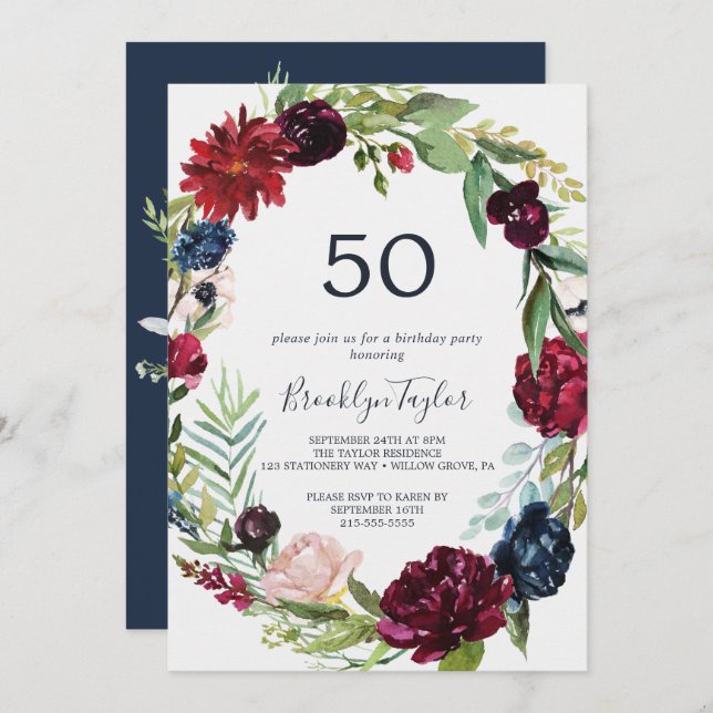 Autumn Garden | Burgundy Wreath 50th Birthday Invitation (Front/Back)