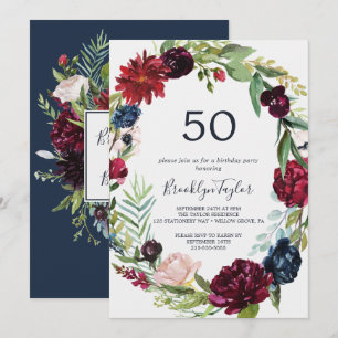Autumn Garden   Burgundy Wreath 50th Birthday Invitation