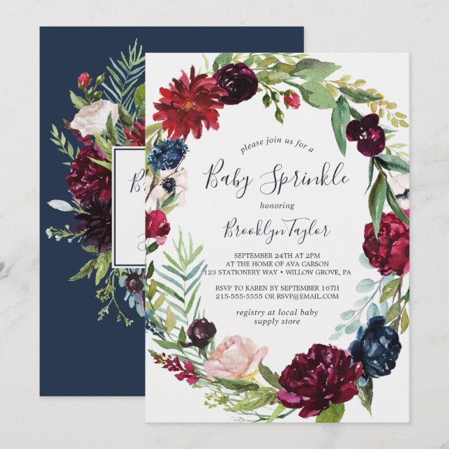 Autumn Garden | Burgundy Wreath Baby Sprinkle Invitation (Front/Back)