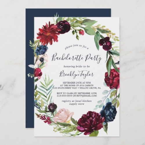 Autumn Garden  Burgundy Wreath Bachelorette Party Invitation