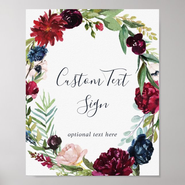 Autumn Garden Burgundy Wreath Custom Text Sign (Front)