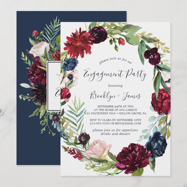 Autumn Garden | Burgundy Wreath Engagement Party Invitation (Front/Back)